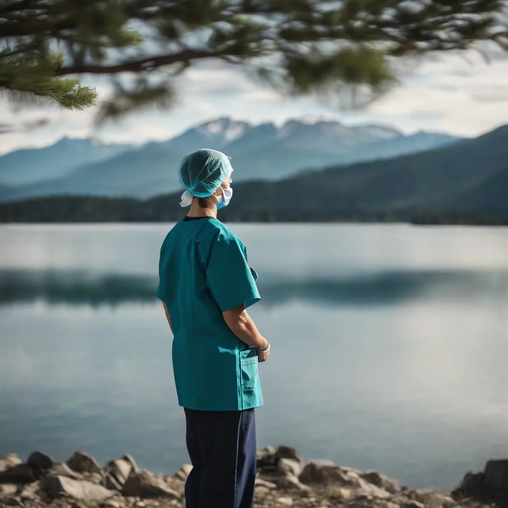 A doctor is looking at a scenic mountain view.