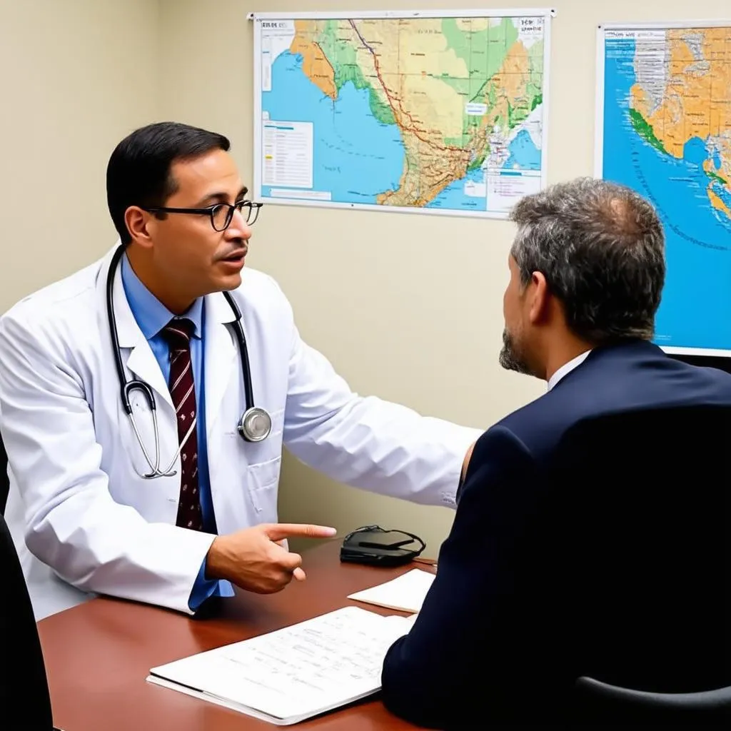 Doctor talking to patient about HIV travel precautions