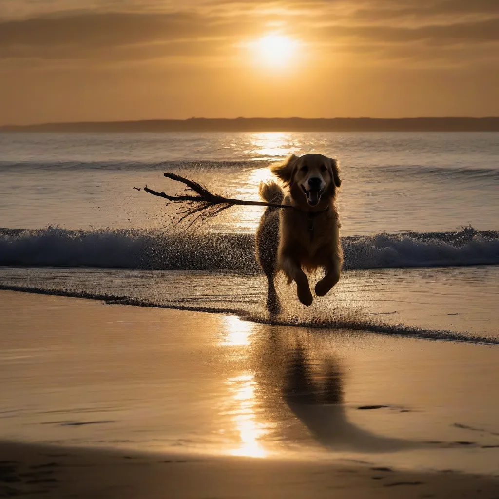 Dog on Beach at Sunset