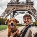 Dog and owner taking a selfie with the Eiffel Tower