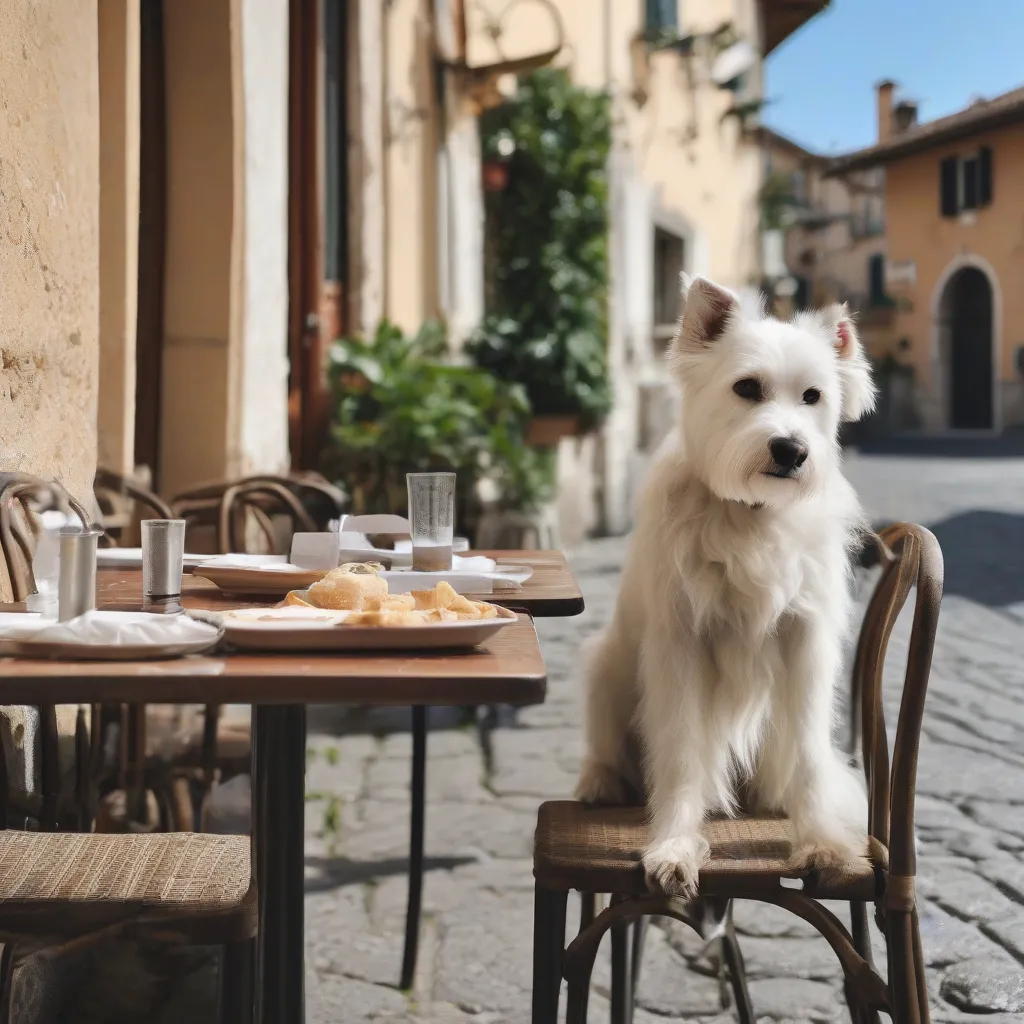 Dog patiently waits by table at an outdoor Italian restaurant.