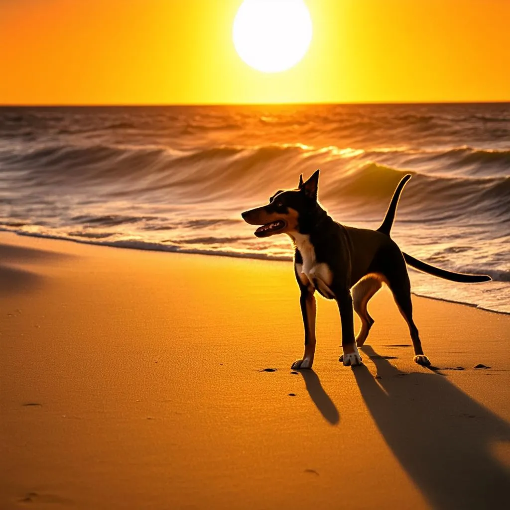 Dog on Beach at Sunset