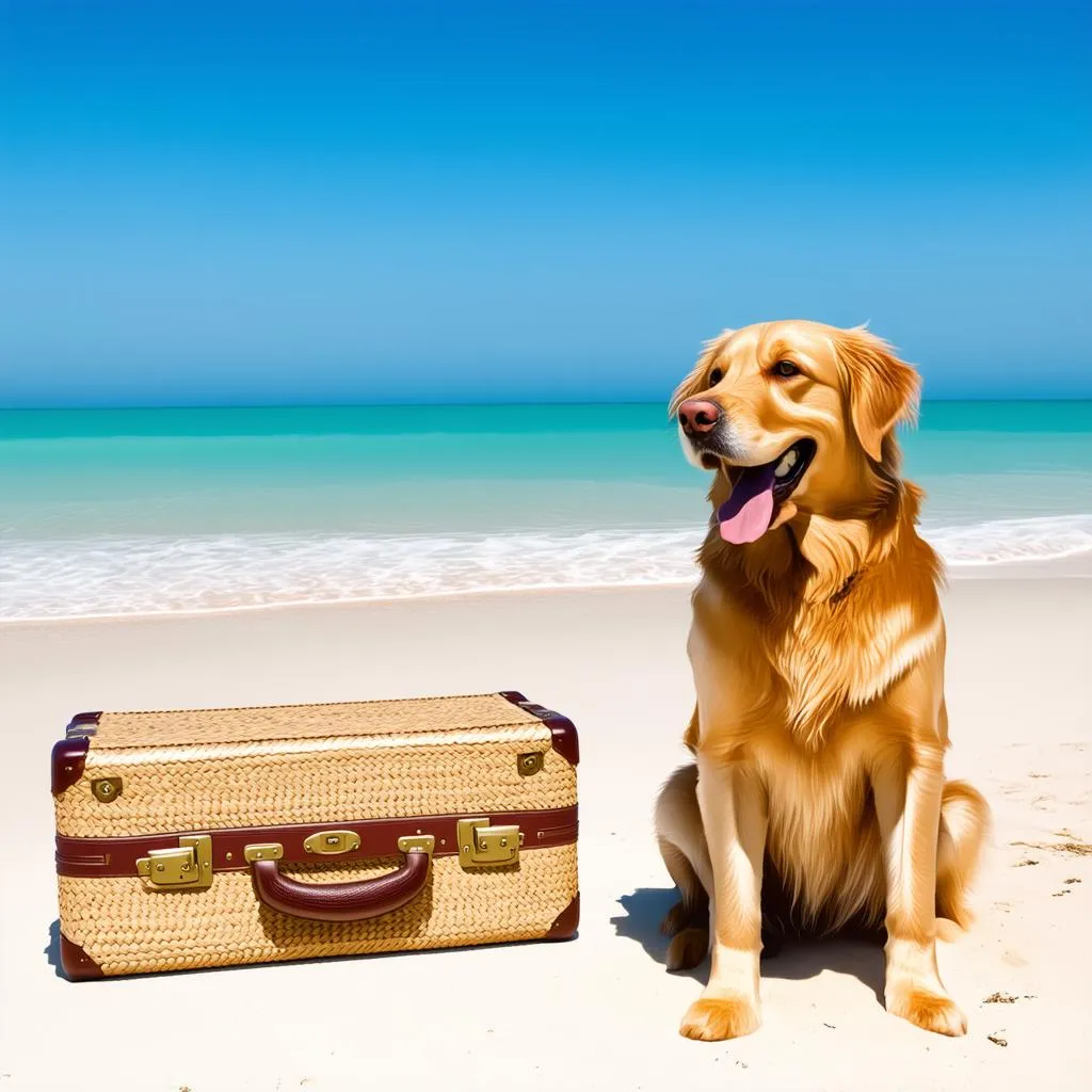 Dog on Beach with Suitcase