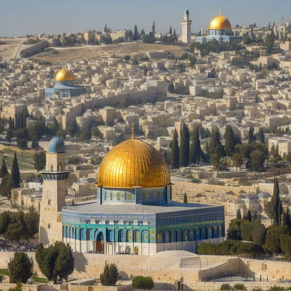 The iconic golden dome of the Dome of the Rock in Jerusalem, Palestine, shimmering under a bright blue sky.