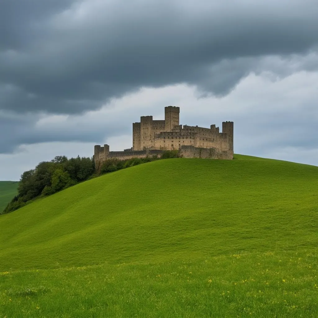 Rolling green hills with a castle in the distance