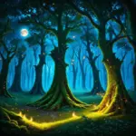 An enchanted forest bathed in moonlight, with fireflies dancing among the trees