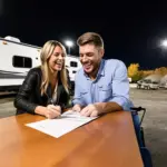 Excited Couple Signing Travel Trailer Purchase Papers