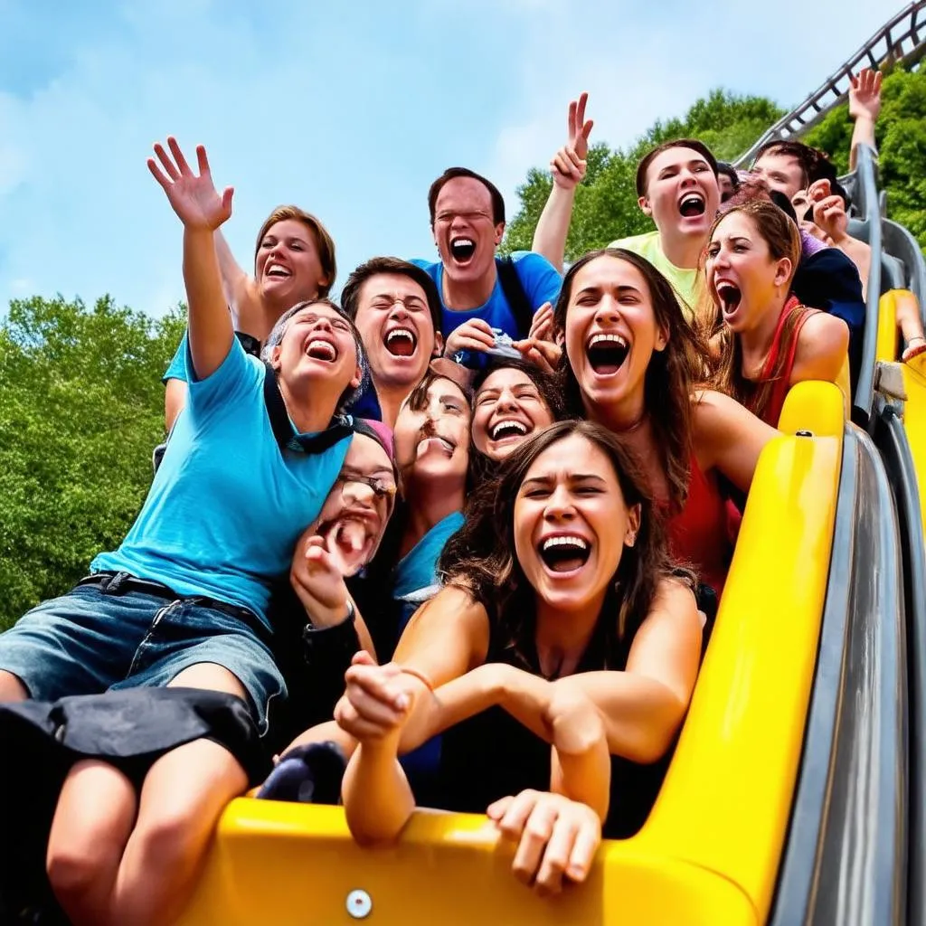 Thrilled passengers on a roller coaster ride