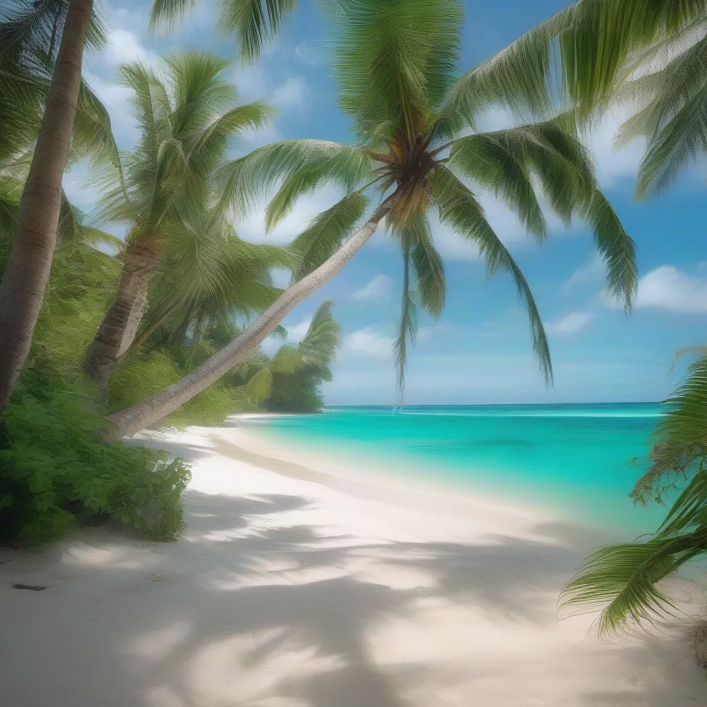 A serene beach with clear blue water and white sand