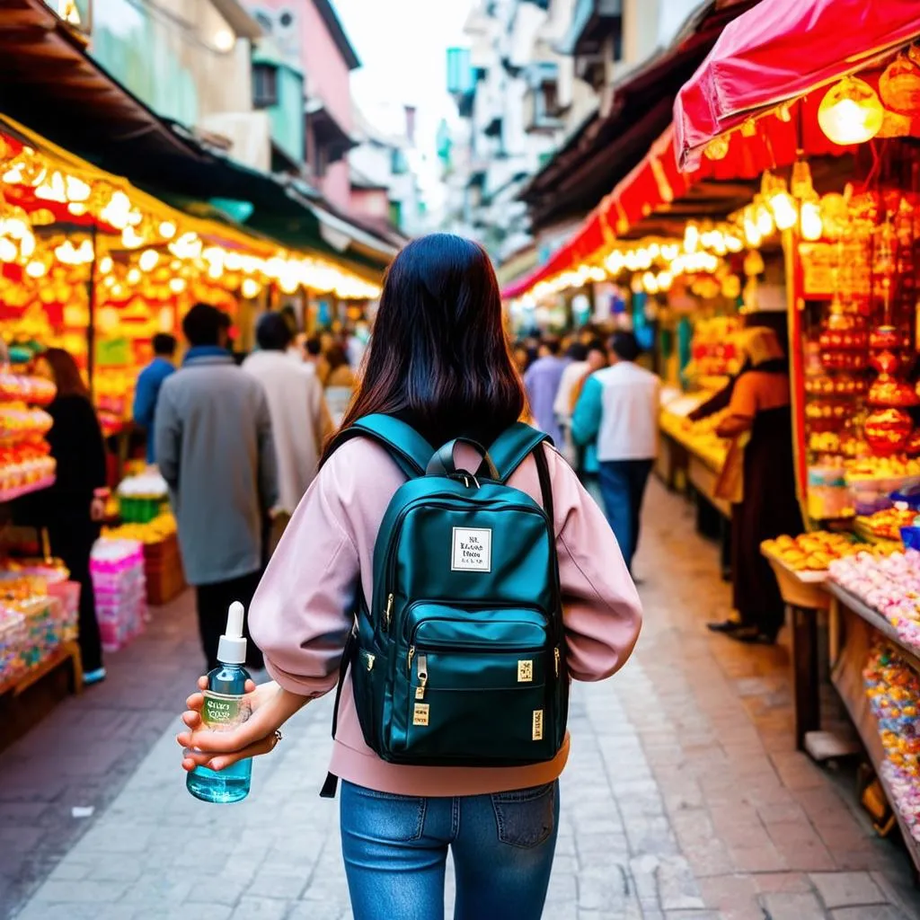  A woman smiles as she explores a bustling city street, carrying a small purse with a bottle of A Thousand Wishes mist peeking out.