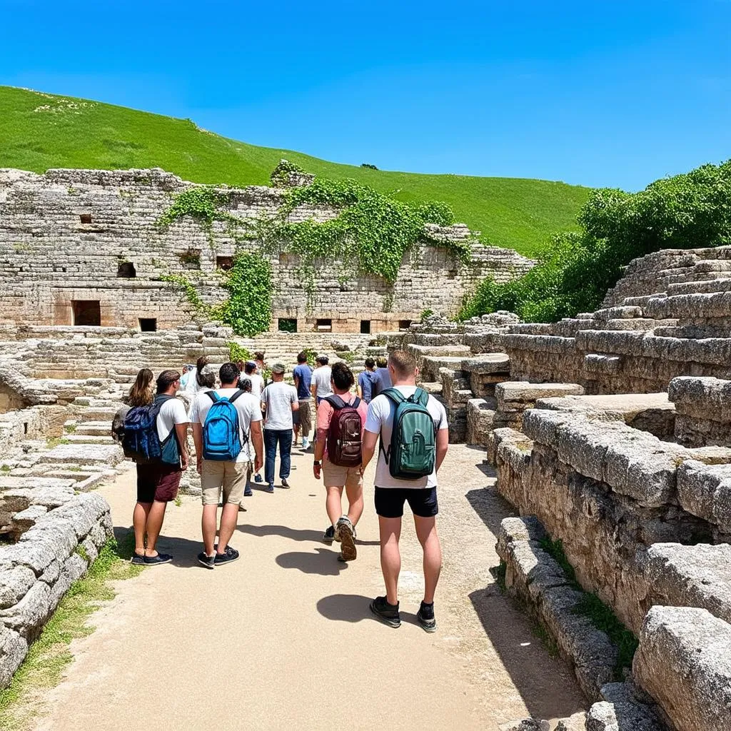 Tourists exploring ancient ruins with backpacks on a sunny day