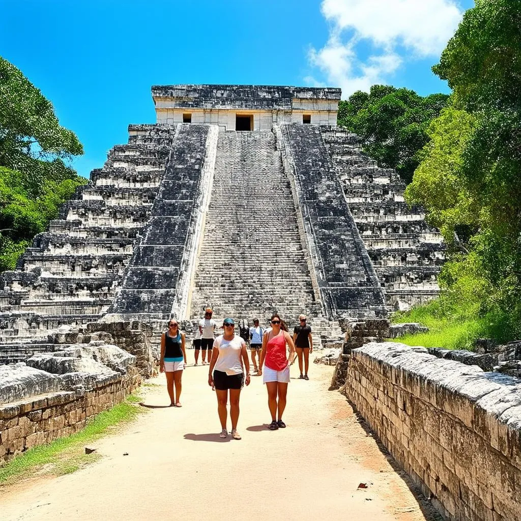 Tourists visiting ancient ruins in Mexico