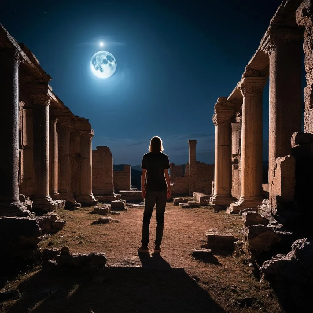 Exploring Ancient Ruins by Moonlight