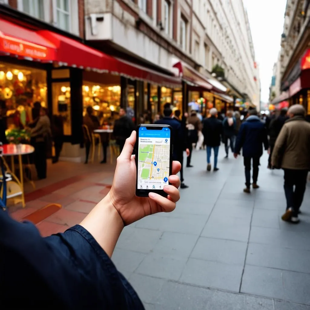 Using a phone for navigation while walking down a busy city street