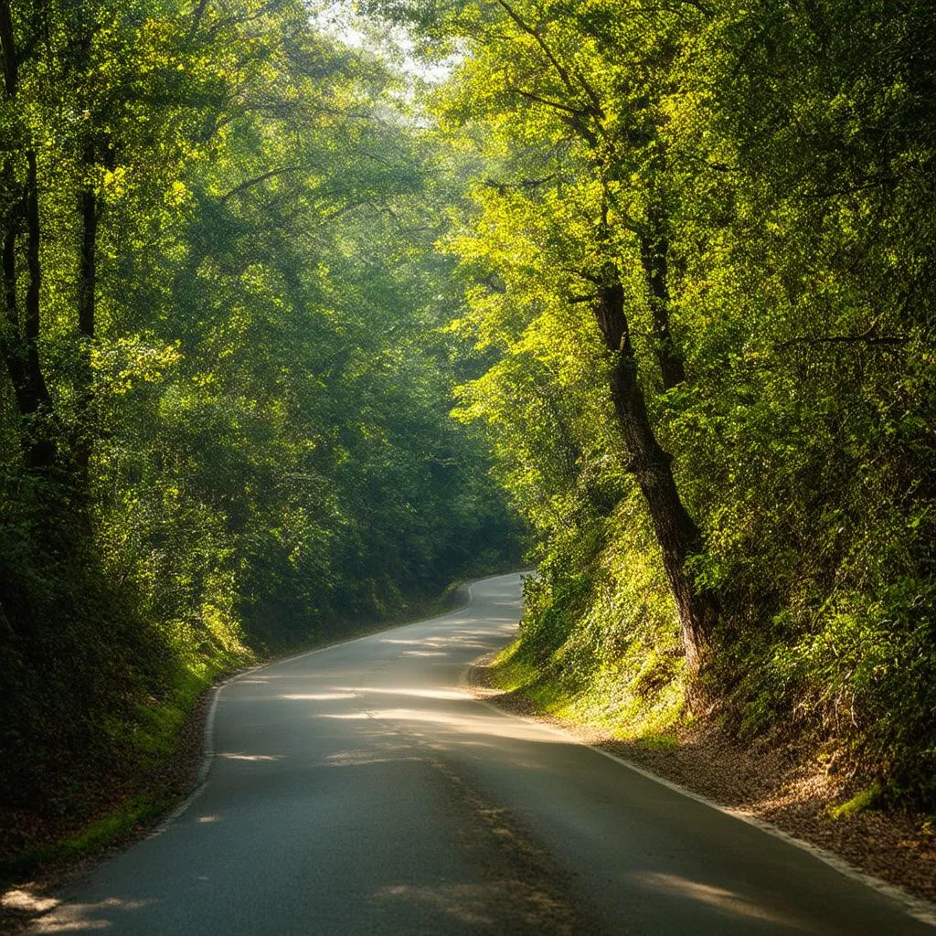 A winding road through a forest