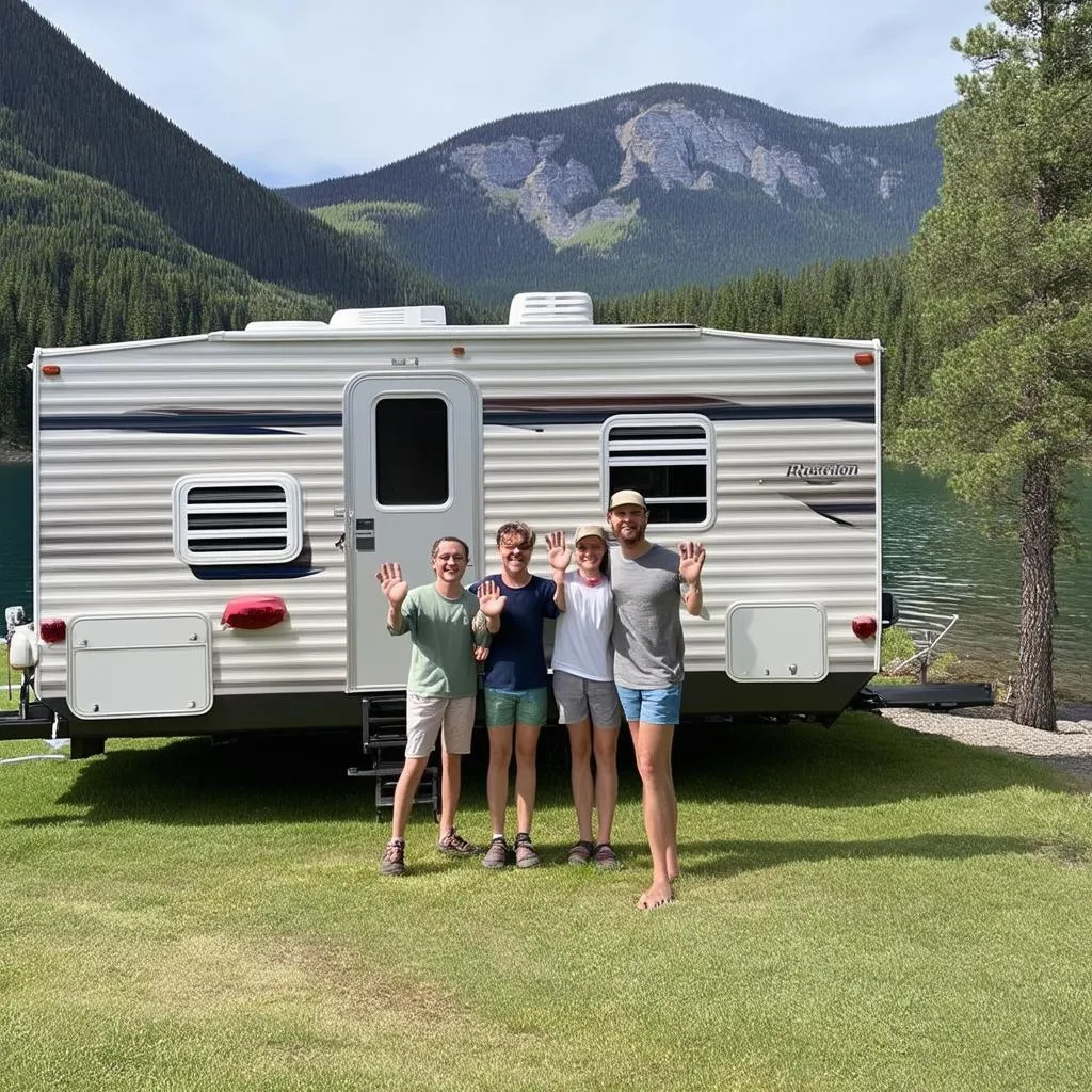 Family enjoying their A-frame camping trip