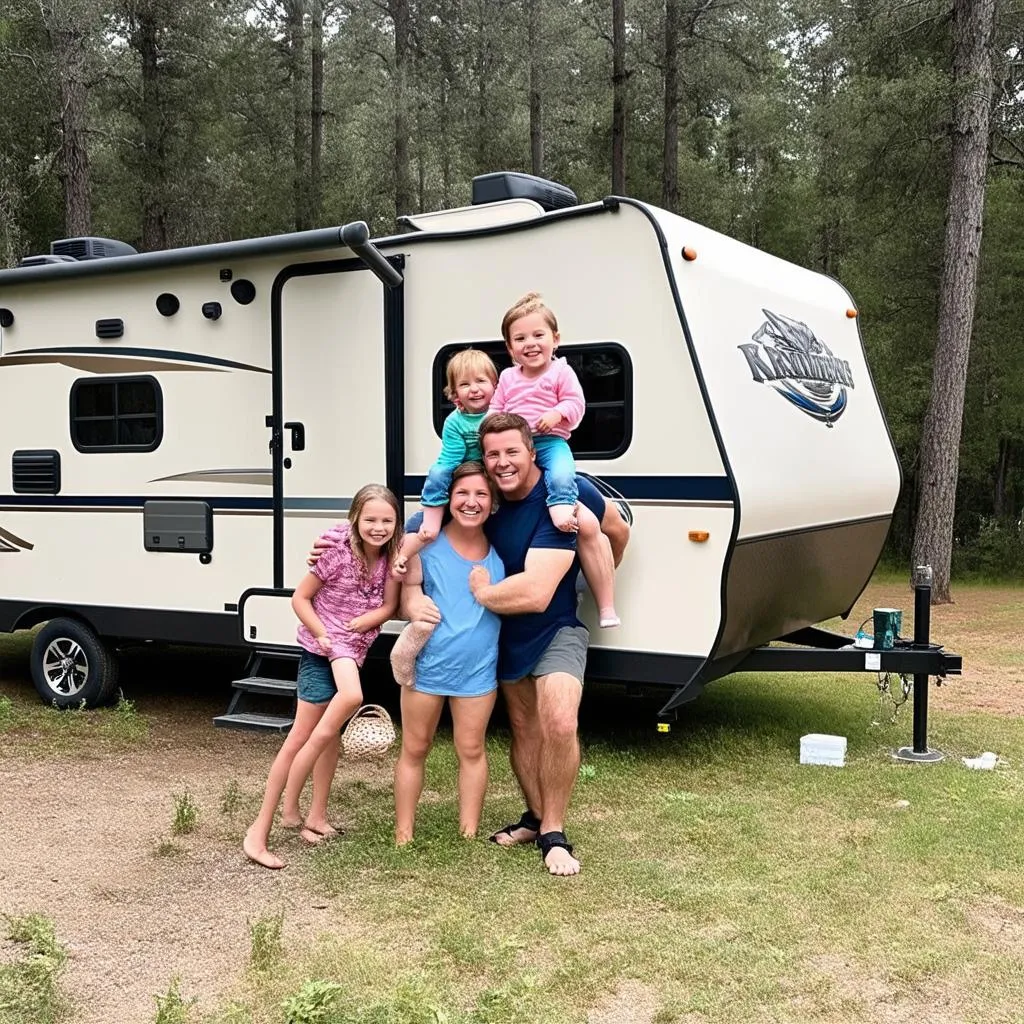 Family enjoying a camping trip in their A-liner travel trailer