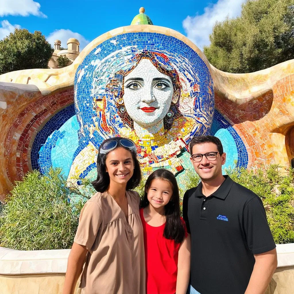 Family posing for a photo at Park Guell