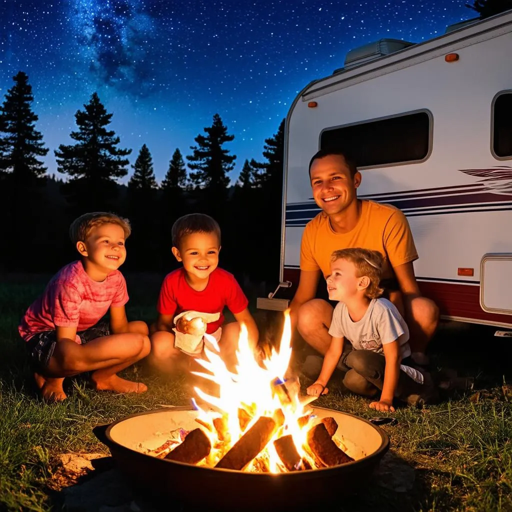 Family sitting around a campfire near their travel trailer at a campsite