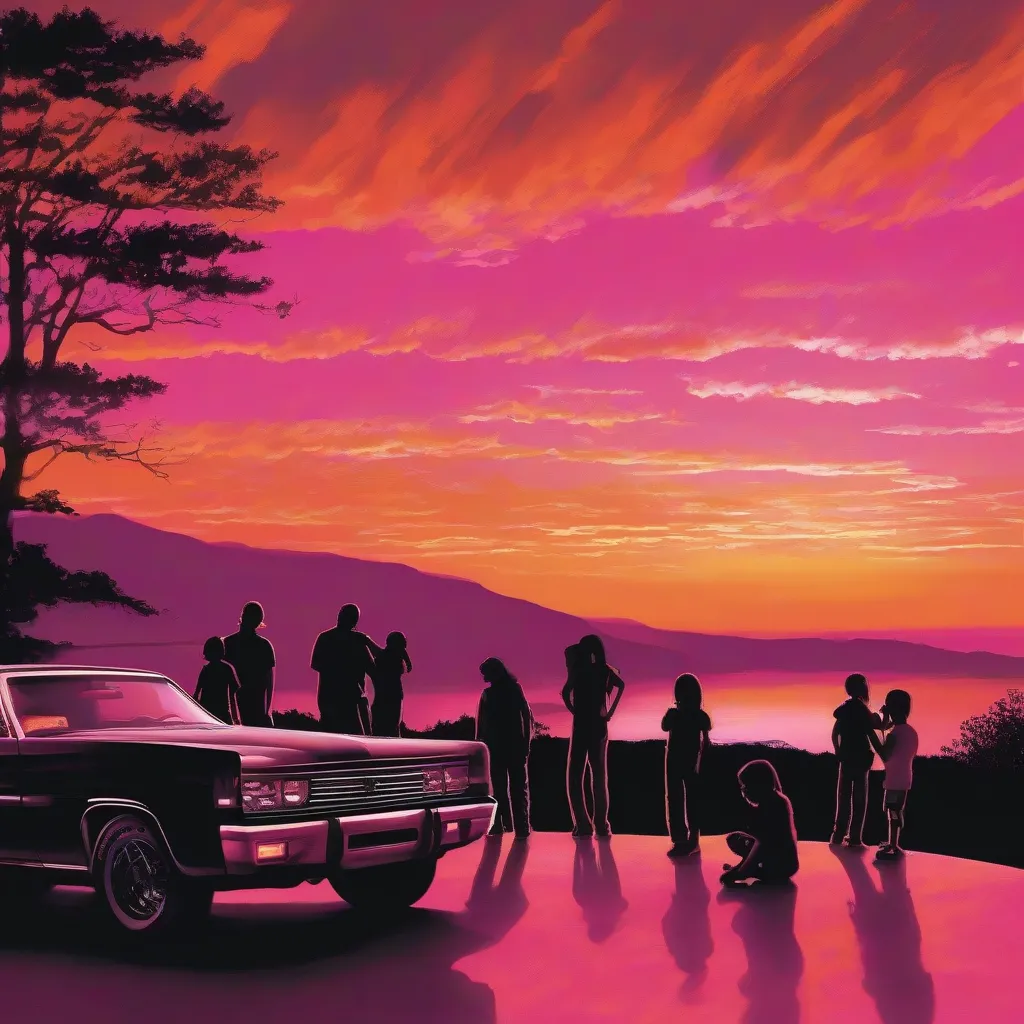 A family car pulled over at a scenic overlook with a beautiful sunset in the background