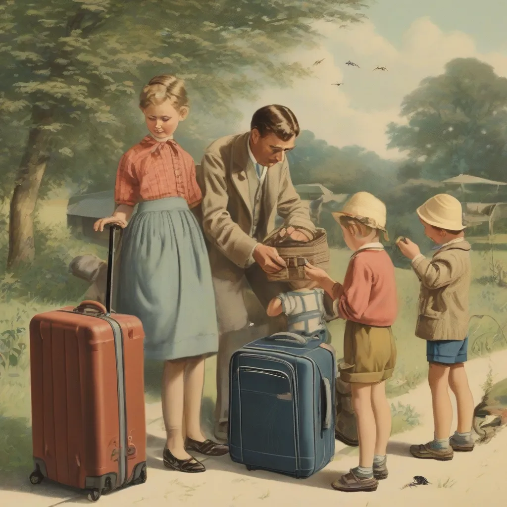 Family inspecting luggage