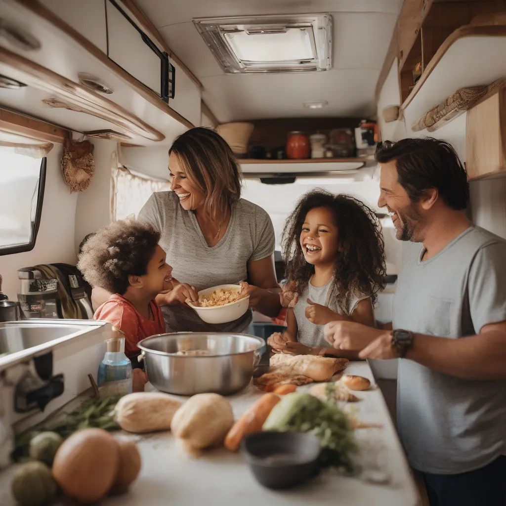 Family Cooking in Travel Trailer