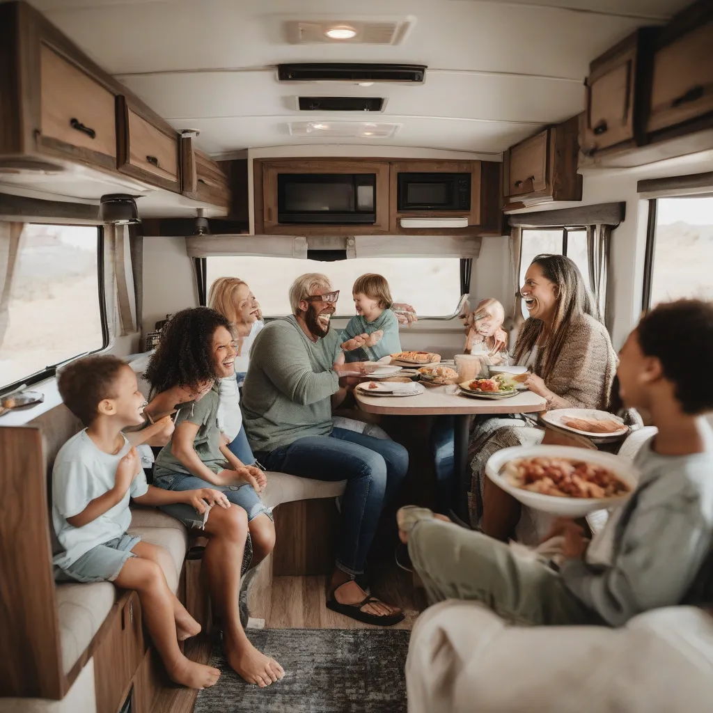 Family Cooking Inside Travel Trailer