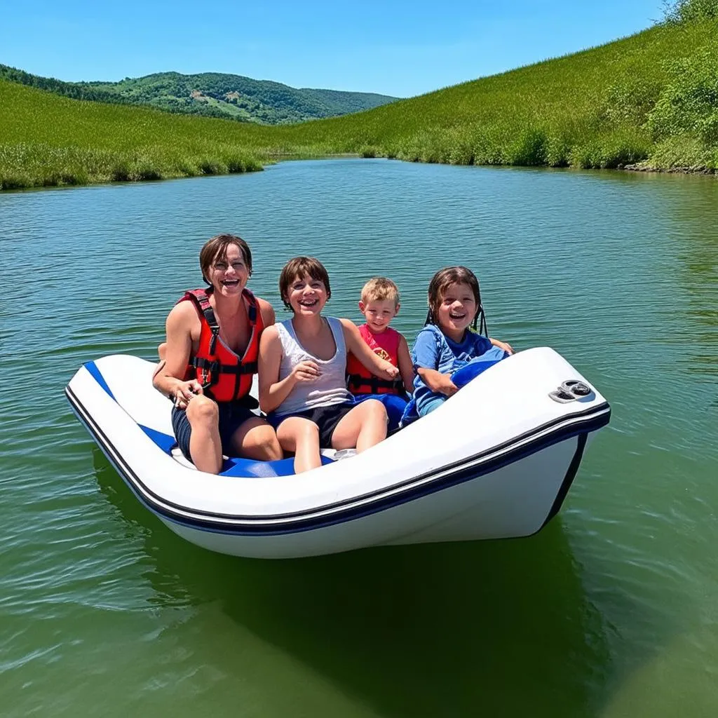 A joyous family relishes a scenic boat ride on a sunny day.