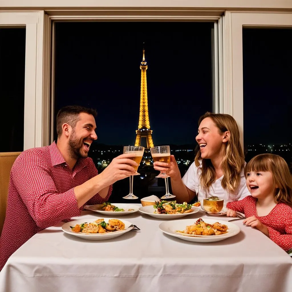 Family Enjoying Dinner with Eiffel Tower View