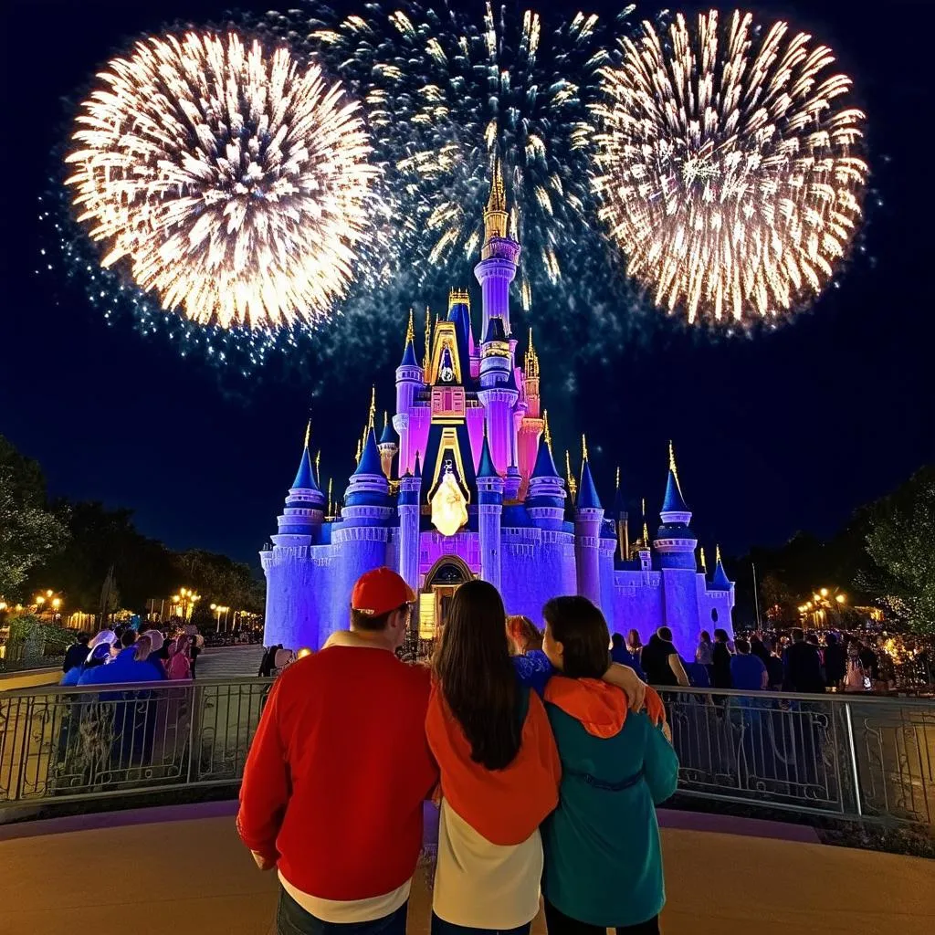 Family Enjoying Fireworks over Cinderella's Castle