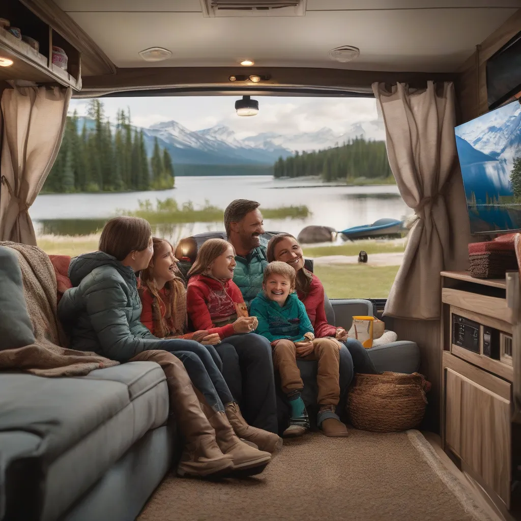 Family Enjoying Movie in Travel Trailer