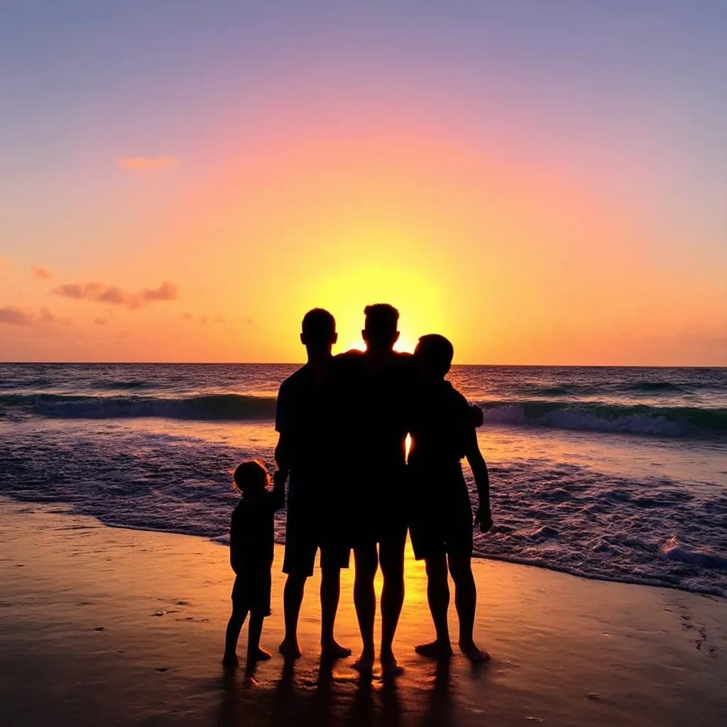 Family Enjoying Sunset Over Ocean