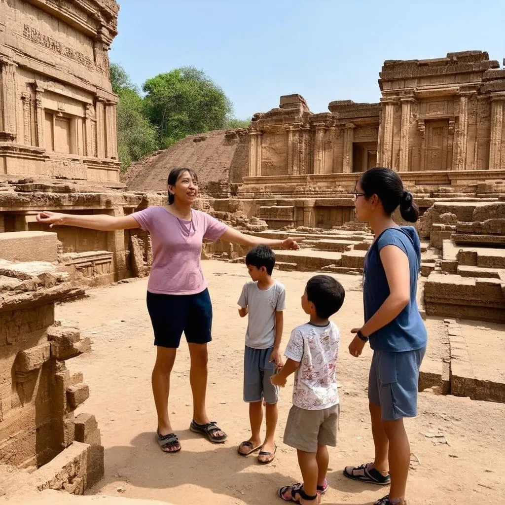 A family exploring ancient temple ruins in Angkor Wat, Cambodia. The family is walking through the ruins, and the children are pointing at the intricate carvings. The sun is shining, and the ruins are surrounded by lush green jungle.