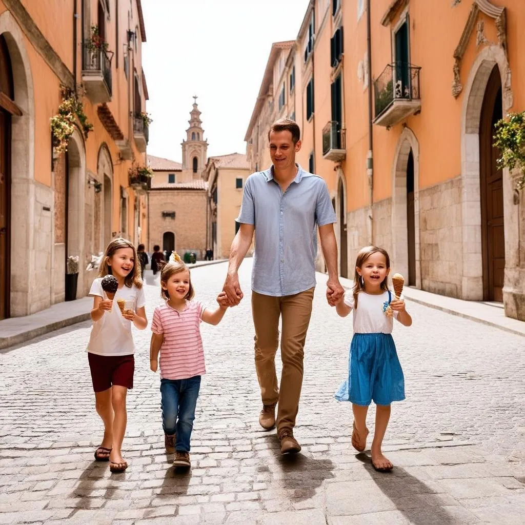 Family Walking through Historic Italian City Center