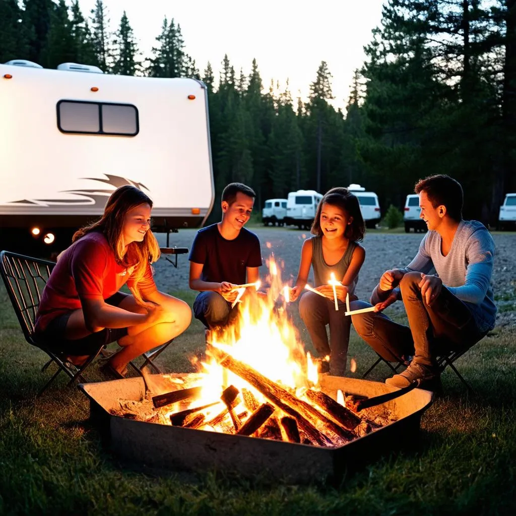 Family Gathers Around a Campfire at an RV Park