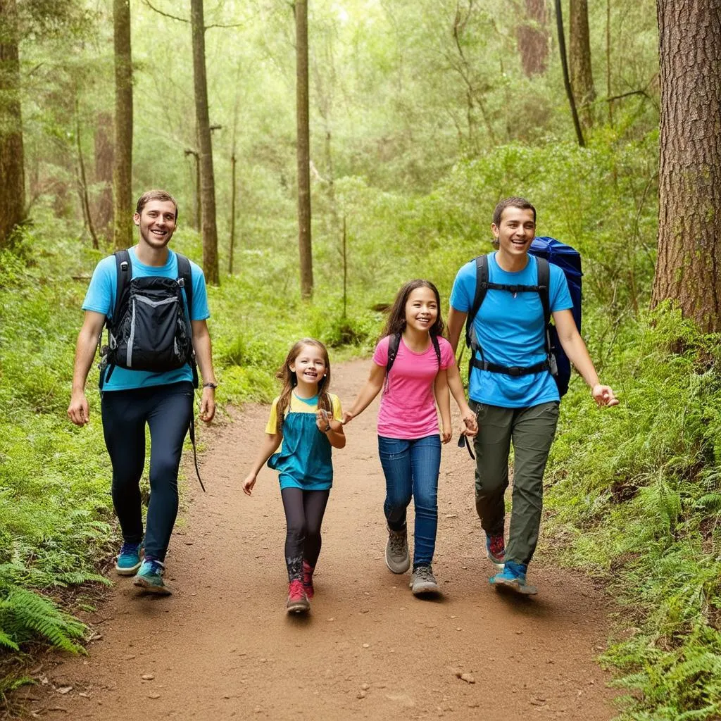 Family Hiking in Woods