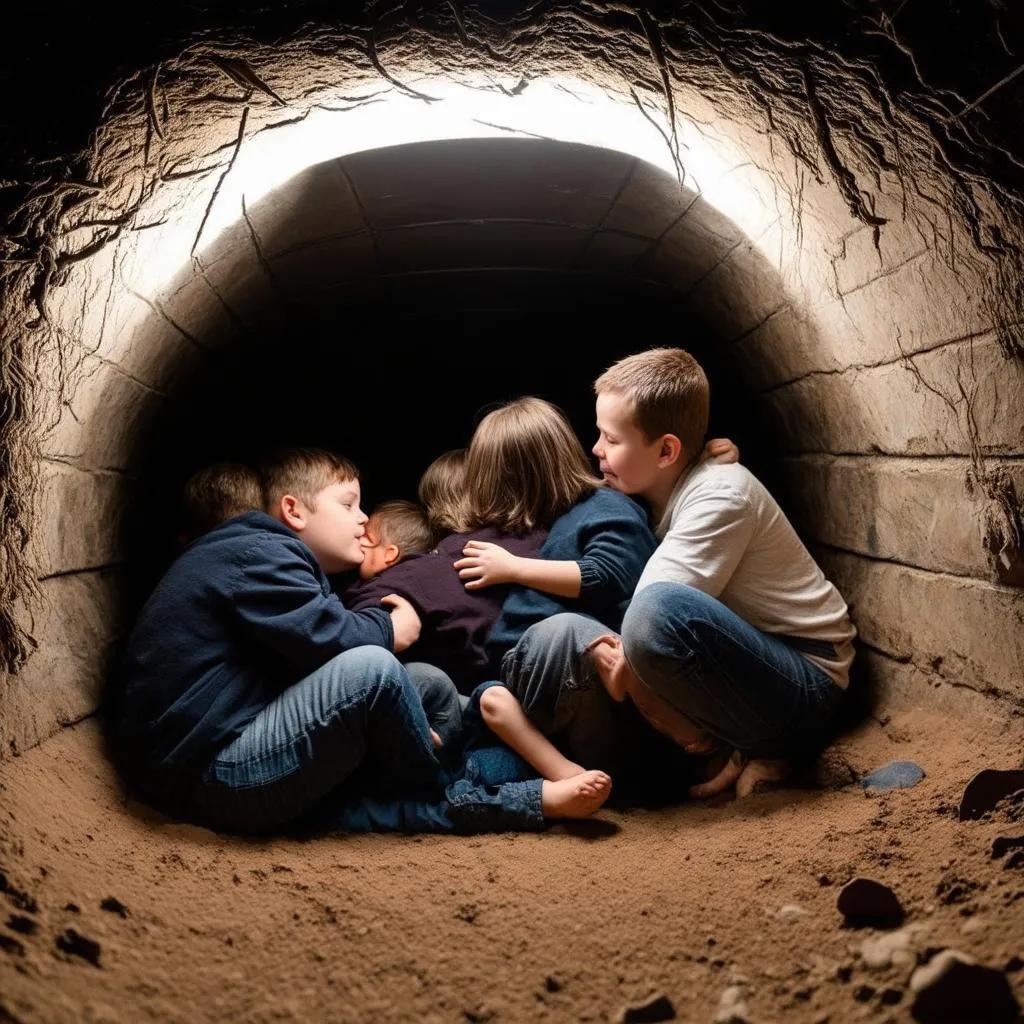 Family huddles in storm shelter