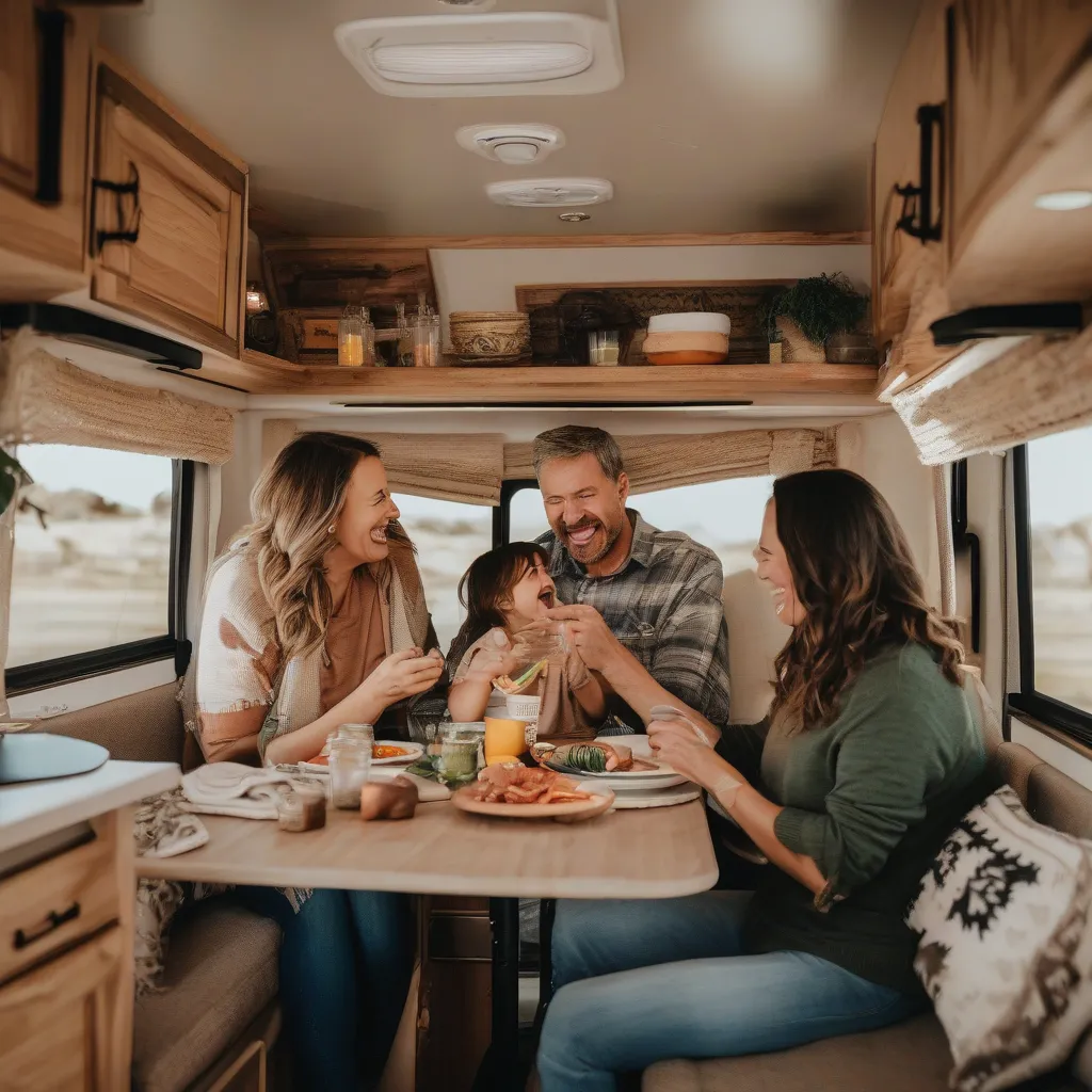 Family Laughing Inside Casita Travel Trailer