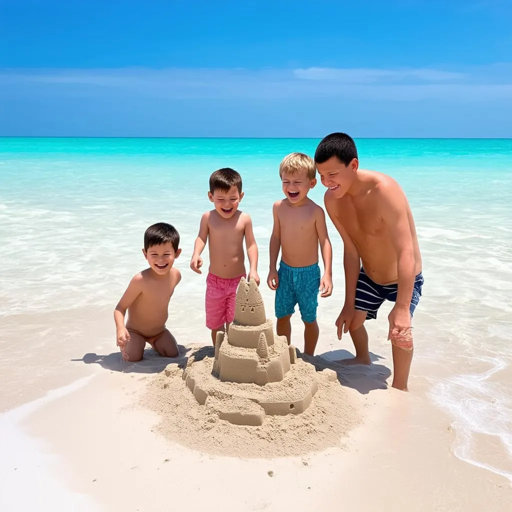 Family enjoying their vacation on a beach with clear blue water