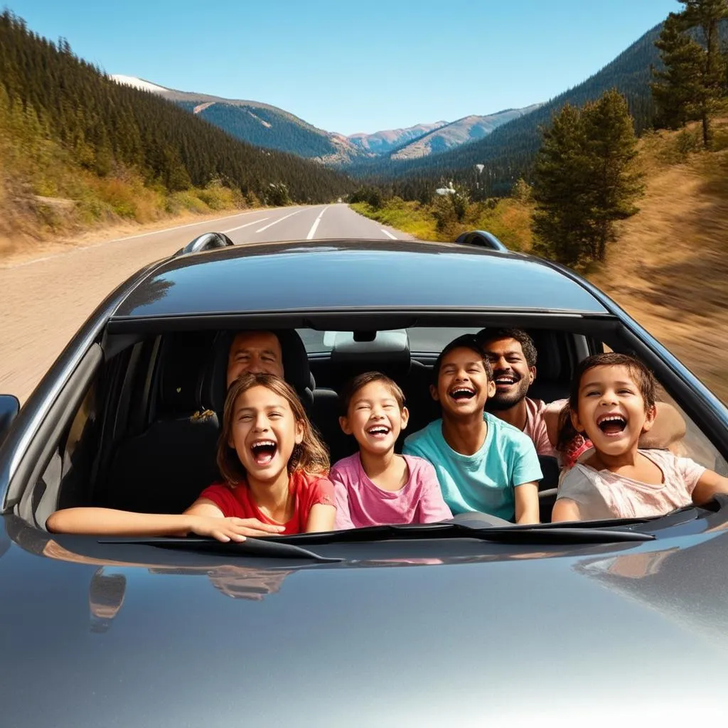 Smiling Family Enjoys Scenic Road Trip