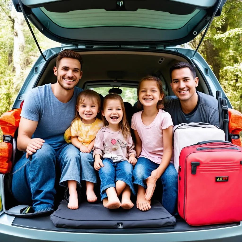 A family packing their car for a road trip