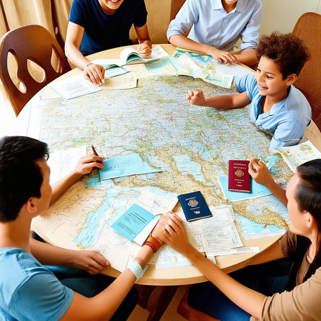 Family gathered around table with map