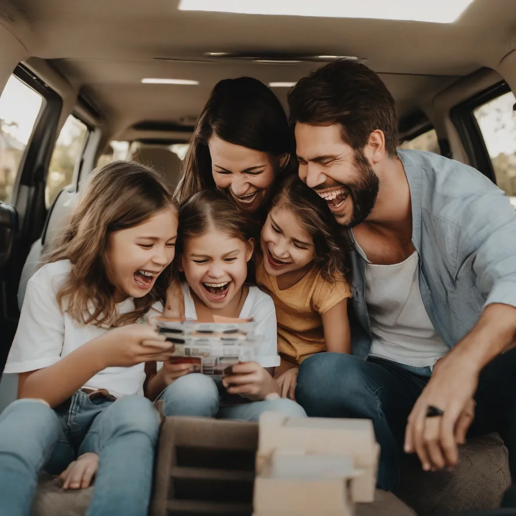 Family playing games in a minivan