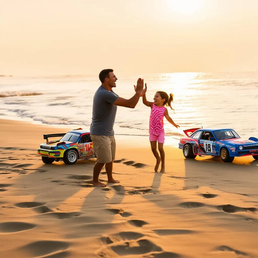 Family playing with radio cars on the beach