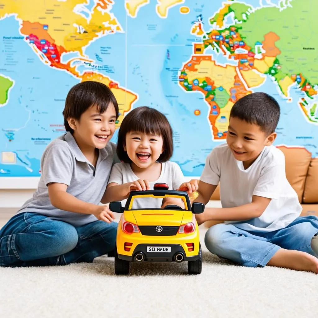 Family playing with toy car on a map 