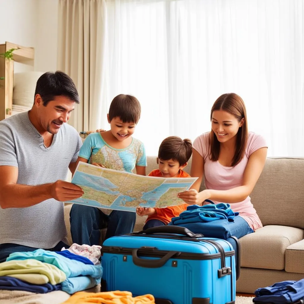 Family packing for a trip. Suitcases and maps are scattered on the floor.