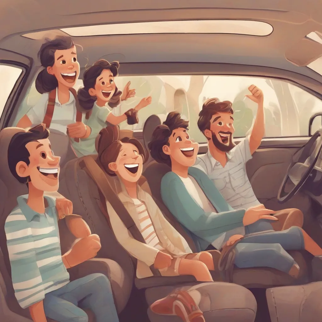 A family smiles while riding in a car together.