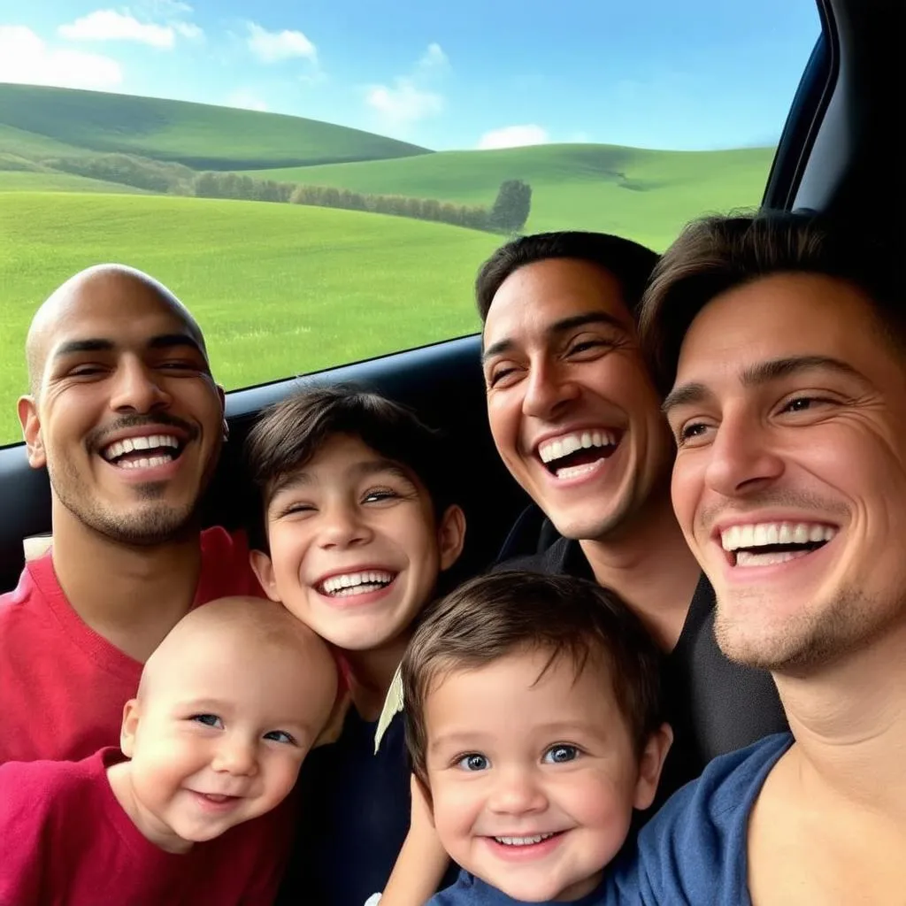 A family smiles inside a car during a road trip