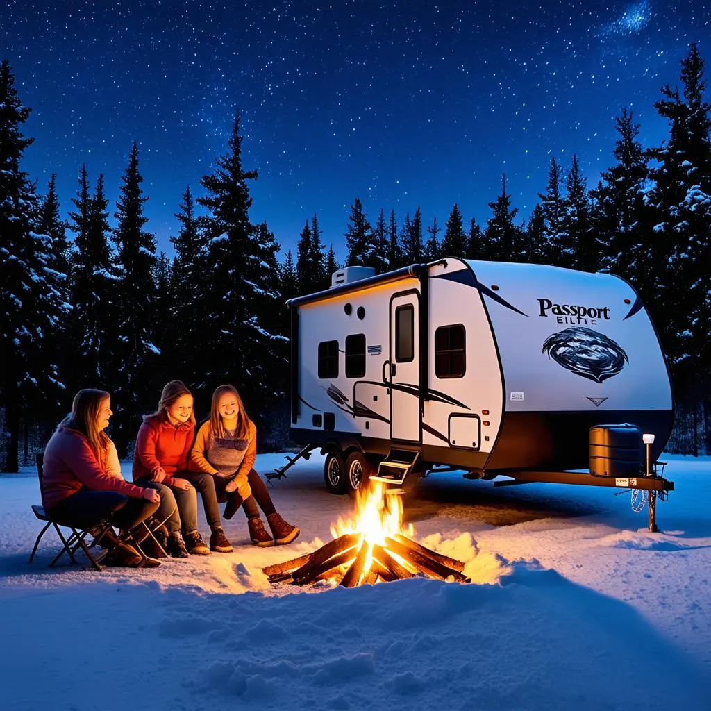 Family gathered around a campfire by their Keystone Passport Elite