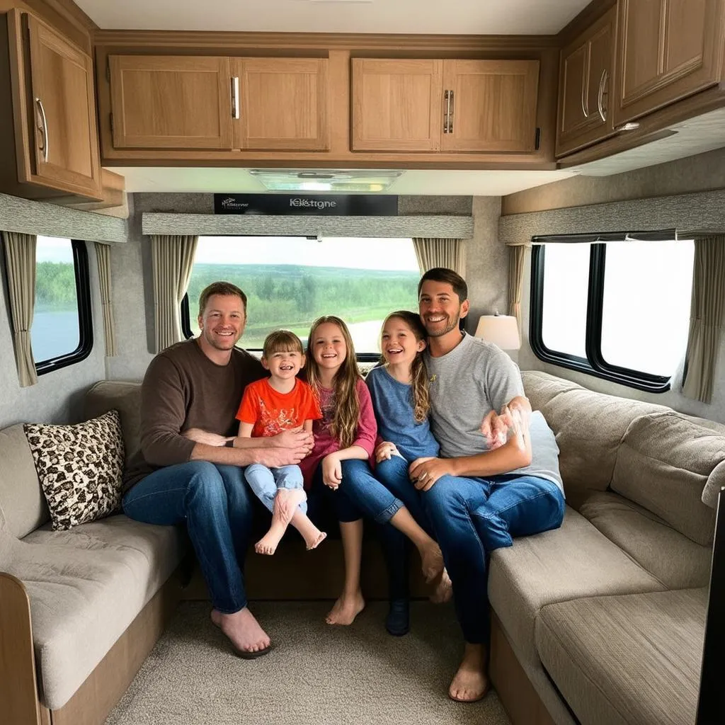 Family sitting inside a Keystone travel trailer